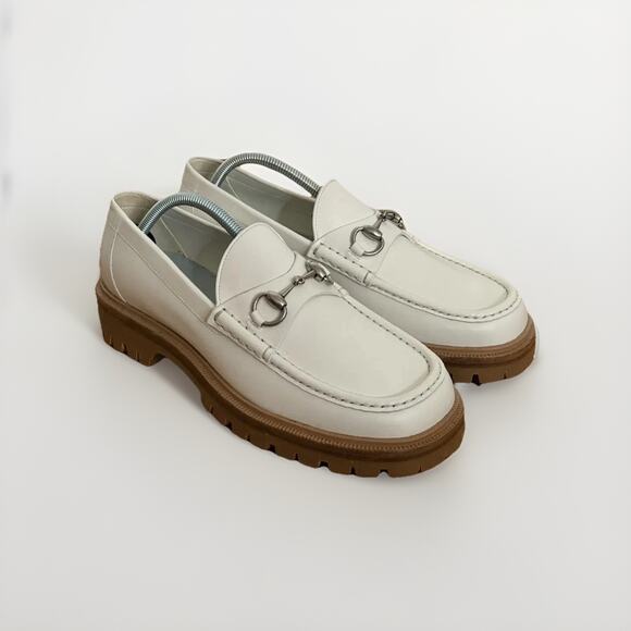 Auth GUCCI Platform Horsebit Loafers UK 9 US 9.5 Leather Logo White Men